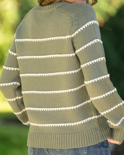 Blanket Stitched Striped Knit Pullover Sweater